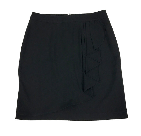 Basque Skirt Black Size 12 Pencil Faux Wrap Layer on Front Lined Slit Business