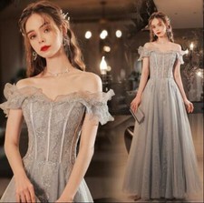 Trendy Grey  Evening Dresses Off Shoulder Flounce Tulle Cocktail Party Prom Gown