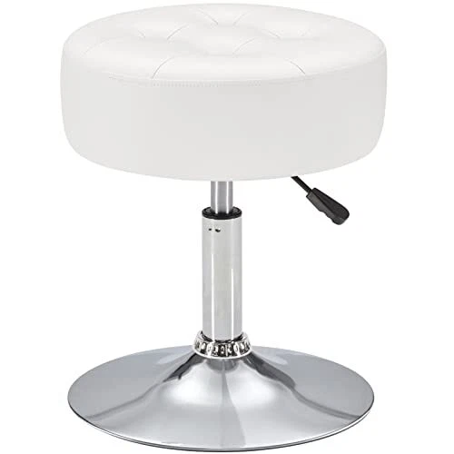 White Vanity Chair for Makeup Room Round Ottoman Tufted PU Leather