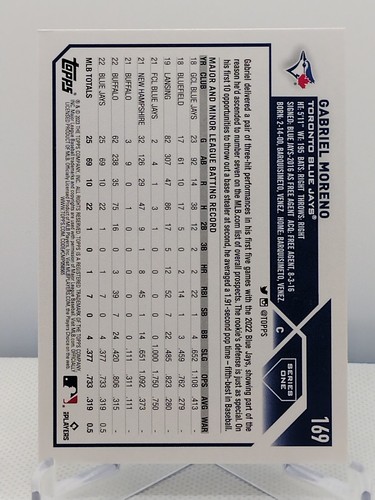 Gabriel Moreno RC 2023 Topps Series 1 Toronto Blue Jays Rookie #169 - Picture 2 of 2