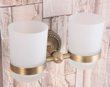 Antique Brass Bathroom Wall Mounted 2 Scrub Glass Cup Toothbrush Holder 2ba223