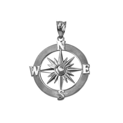 10K White Gold Compass Pendant Necklace - Picture 2 of 4