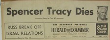 SPENCER TRACY DIES June 10, 1967 LA Herald Examiner Israel 6 Day War