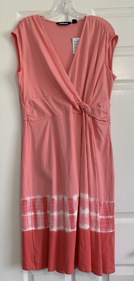 Lands End Faux Wrap Dress Womens L Coral Tie Dye Sleeveless Knee