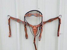 Multi Colors Leather Headstall and Breast Collar Set Floral Tooled Free Shipping
