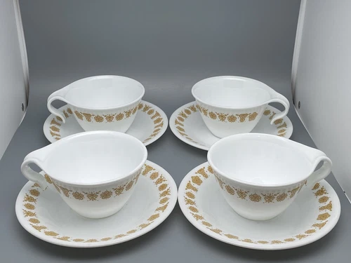 Vintage 1972 Corelle Golden Butterfly Hook Cups and Saucers - 4 Sets