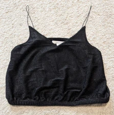 Vtg Kmart Crop Tank Top Sz XL Black Sparkle Strappy Cyber Rave Grunge Goth Y2K