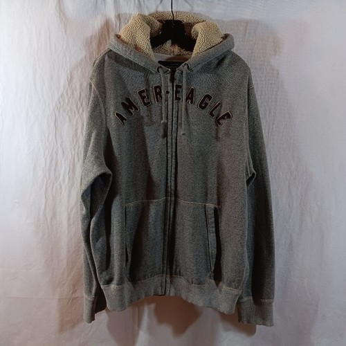 AEO Mens XL Hoodie Gray Full Zip Sherpa Lined Hood Sweatshirt Top Spellout