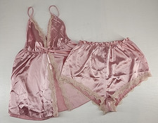 Pink Lace Babydoll Satin Matching Lingerie Set Feminine Romantic Soft Sz Small