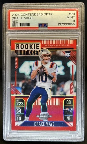 2024 Panini Contenders Optic Drake Maye Rookie Ticket RC Red Prizm #/199 PSA 9