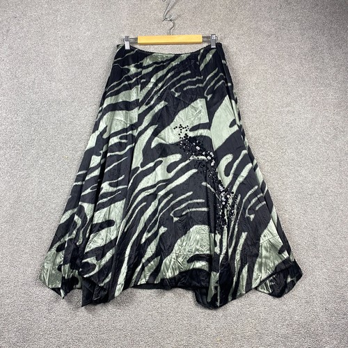 Verge Women’s Size 12 A-Line Midi Skirt Black Green Animal Print Sequin Detail