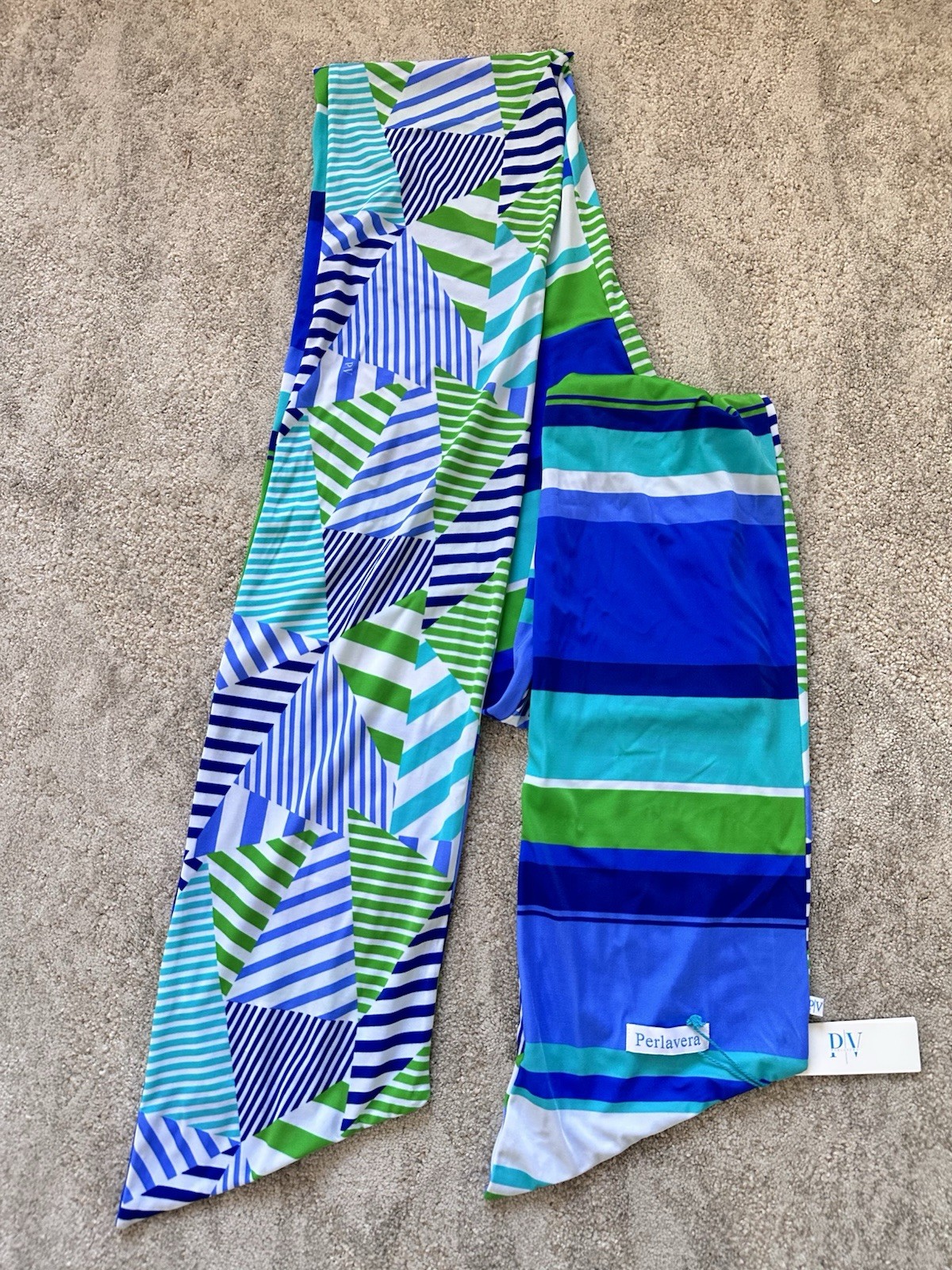 Perlavera Women's Reversible stripe Scarf Stretch Blue/Green 89" x 7.5" NWT