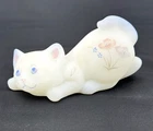 Fenton White Satin Glass PLAYING Cat Figure Poppy Hand Painted by STOVERS ?