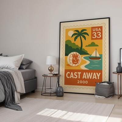Cast Away Film Retro Stempel Kunstdruck | Vintage Filmposter | Leinwand & gerahmt
