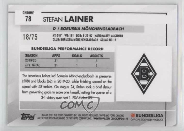 2020 Topps Chrome Bundesliga Sapphire Edition Green /75 Stefan Lainer Rookie RC - Image 2 of 2