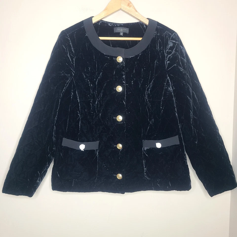 TALBOT'S Black Velvet Quilted Collarless Jacket Gold Button Accents 1X Holiday - Image 2 of 4