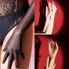 Women Smooth Oil Short Gloves See Through Dancing Driving Ultrathin Mittens