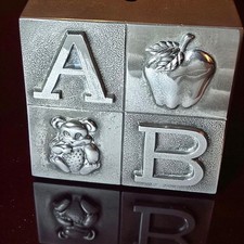 Vintage Silver-Plated ABC Baby Block Bank Animal  Alphabet Designs READ G2 