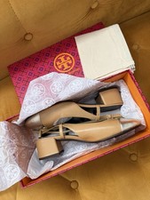 Tory Burch Cap-Toe Slingback Block Heels Beige Gold Goat Leather US 8.5