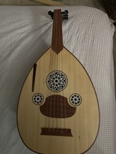 Wooden Oud Folk Instrument Brown Beige Striped Back Decorative Sound Holes