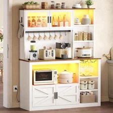 Bakers Rack with Power Outlet & LED Light, Kitchen Microwave Stand with Storage