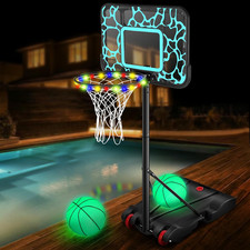 Pool Basketball Hoop Adjustable Swimming Goal LED Portable with 2 Balls Set Kit