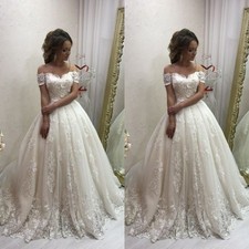 Elegant Wedding Dresses Off Shoulder Lace Appliques A Line Court Bridal Gowns