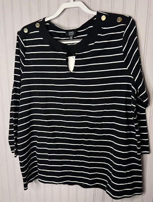 Jones NY Signature Women SHIRT XXL Black White Striped Cotton Keyhole Career NEW