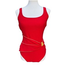 Vintage 80  s Roxanne Red Retro One Piece Swimsuit With Gold Cording  Medallion