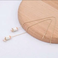 Enamel White Pink “Lily Of The Valley” Flower Gold Plated Threader Earrings