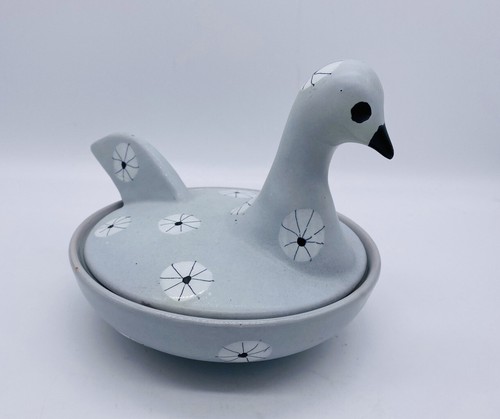 Bitossi Italy Lidded Duck Bird Covered Dish Mid Century Grey White Spots Bird