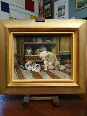Ancien Tableau Hst Chien Et Chat Signé J. CLECK Ecole Anglaise Du XIXème - Photo 1/4