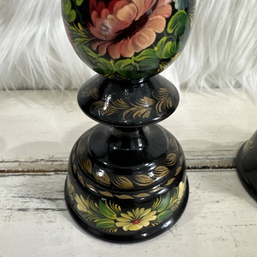 Wood Floral Black Lacquer 8” Candle Sticks Hand Painted Granny Cottage Decor - Picture 5 of 15