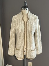 Eaton PS Vintage Acrylic Cardigan Sweater Beige/Camel Trim Pockets Grannycore
