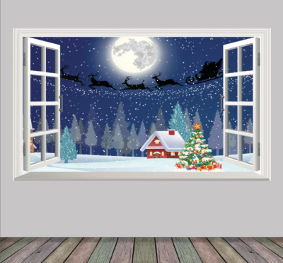 Weihnachtsszene Santa Rentier Schnee Zauber Fenster Wandaufkleber Druck Poster Aufkleber