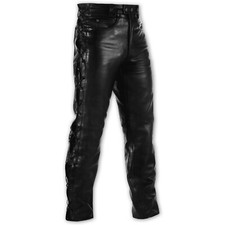 Jeans Pantalon Cuir Custom Biker Moto Poches Protections Genoux Lacets A-Pro