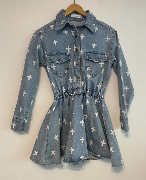 Lunatic Blue Ladies Dress Sz 4 XXS Blue Denim Long Sleeve Collared Mini Cross