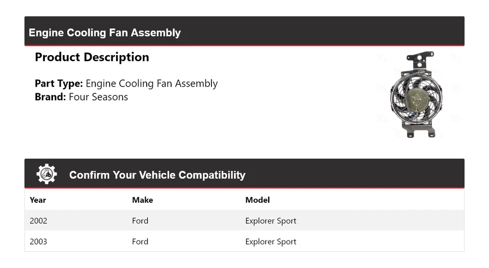 Conjunto de ventilador de refrigeración de motor deportivo Ford Explorer 2002-2003 4 estaciones Foto 2 de 4
