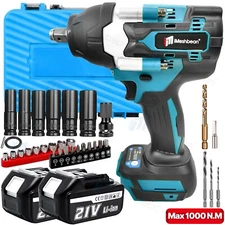 Cordless Impact Wrench Set 1/2" 1000Nm High Torque Brushless Drill 2 Battery