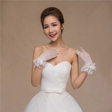 Women Lace Wrist Mesh Gloves White Stretch Short Bow Wedding Bride Accessories