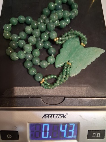 Jade Bead Necklace Vint Estate, Nephrite Green, 30"  W/  BUTTERFLY w/ GOLD Beads