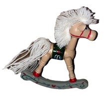 Rocking Horse Christmas Ornament Hand painted Yarn Tail Mane Vintage Wood