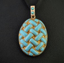 Antique 15ct yellow gold and Duck egg blue enamel locket, woven, portrait