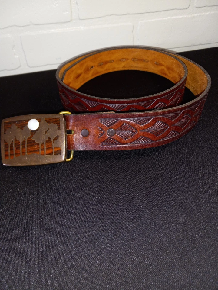 Cinto/fivela vintage árvores lua natureza bronze madrepérola madeira incrustação tamanho 36 - Imagem 3 de 4