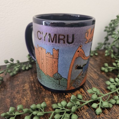 Seltene Wales Tasse Welsh Cymru - schöne dunkelblaue Goldprägung Touristengeschenk
