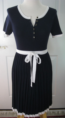 CLEAR IMPRESSION Navy Blue White Pleated Women's Dress Japan, sz 3 (US - 6)