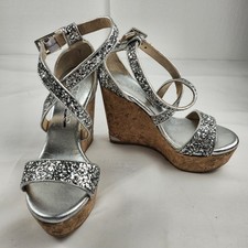 Jimmy Choo Silver Glitter Cork Wedge Sandals Strappy Heels Silver Sz US 4.5 34.5