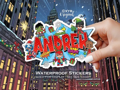 Custom Christmas Name Sticker Comic Book Style Superhero Kids Vinyl Decal