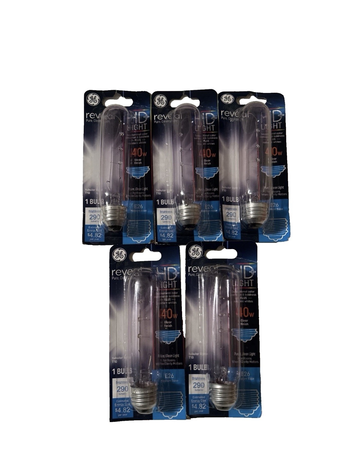 5 Pack GE 48707 Reveal HD T10 40w Clear Tubular Appliance Light Bulb 290 Lumens