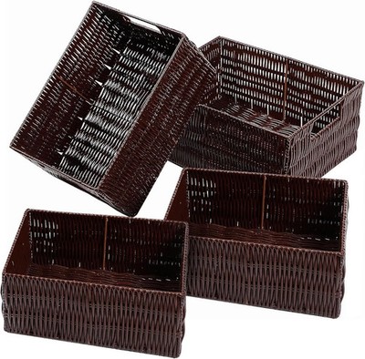 Plastic Wicker Basket Set of 4, Handmade Storage Basket for Organizing with H